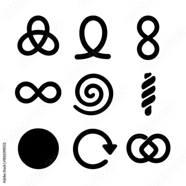 Obraz Black abstract symbols on a gray background: infinity, spiral, and circle patterns