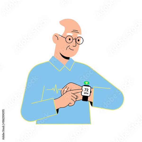 Obraz Elderly man checking heart rate on smartwatch while smiling  