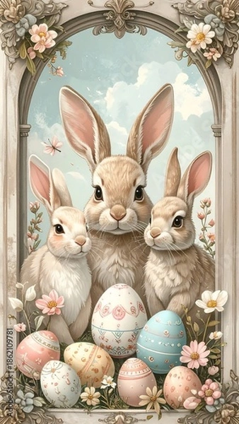 Fototapeta Three Rabbits with Easter Eggs Illustration.