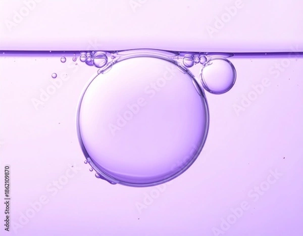 Obraz Abstract violet bubbles in water, macro. Multiple transparent bubbles float against a soft purple backdrop. 
