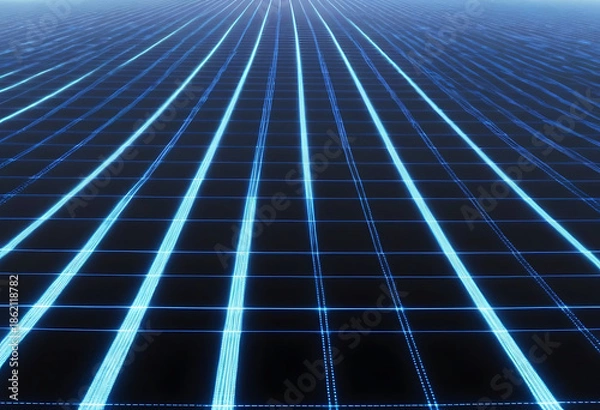 Obraz Blue grid pattern with neon lines futuristic background digital pattern glowing lines