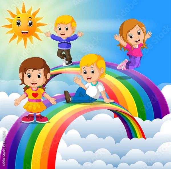 Obraz Happy kids standing over the rainbow