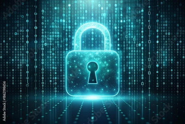 Fototapeta Glowing blue padlock on digital background with binary code