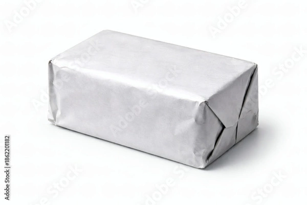 Obraz Rectangular object wrapped in plain silver paper on white background package