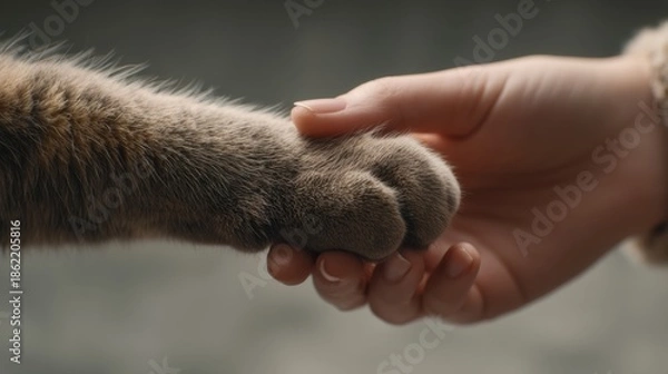 Obraz Tender Connection Between Human Hand and Soft Cat Paw in Serene Light, Symbolizing Gentle Bond and Quiet Affection