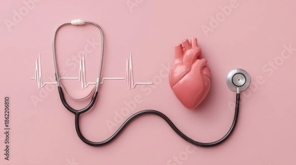 Obraz Heart Model with Stethoscope and ECG Line on Pink Background for Medical and Health Concept Design