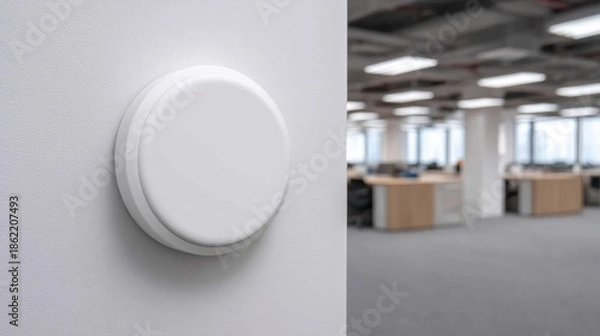 Obraz Modern White Speaker Mounted on Wall in Contemporary Office Space Showcasing Efficient Audio Solution for Dynamic Work Environment