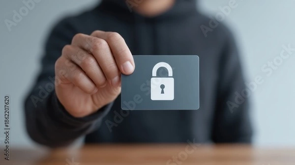 Obraz Person Holding Credit Card with Padlock Symbol Representing Online Security and Protection in Digital Transactions