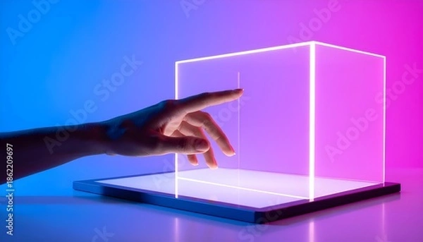 Obraz Hand Touching Futuristic 3D Neon Cube Interface on Tablet Device