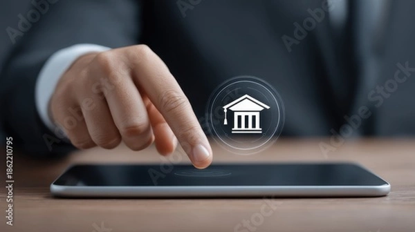 Obraz Modern Digital Platform for Interactive Online Learning with Touch Interface and Educational Icon Symbols for E-Learning Experiences