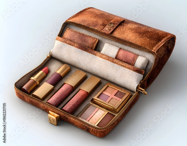 Fototapeta Cosmetic bag with makeup products on white background