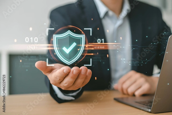 Obraz Man holding digital security shield