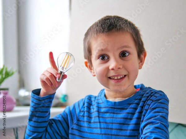 Obraz Enthusiastic Young Boy Gesturing a Bright Idea with a Lightbulb in STEM Concept - coding, science, or creative thinking courses