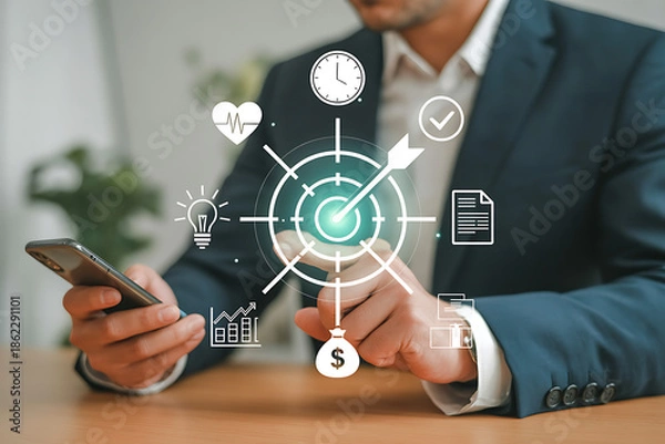 Obraz Businessman analyzing data with smartphone and digital interface