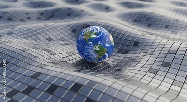 Obraz Earth distorted by gravity on a warped grid representing spacetime