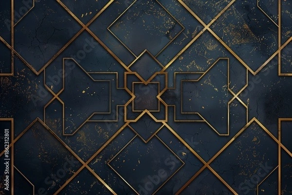 Obraz Gold-lined geometric patterns on dark blue background with metallic texture