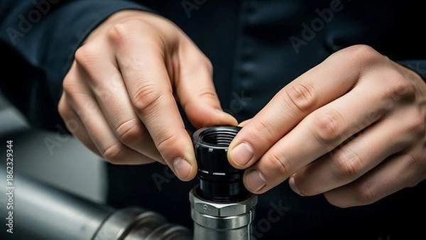 Obraz Hands Assembling Industrial Pipe Fitting Close Up
