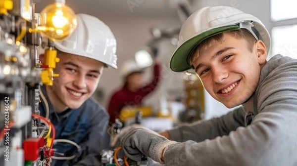 Obraz Young apprentices smiling while working on electrical project in workshop