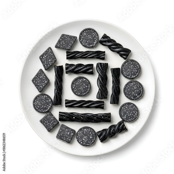 Fototapeta Assorted black licorice candies on a plate