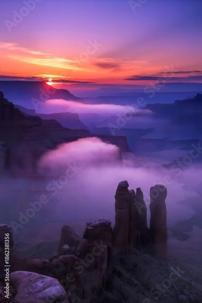 Obraz Vibrant Grand Canyon sunrise with foggy landscape