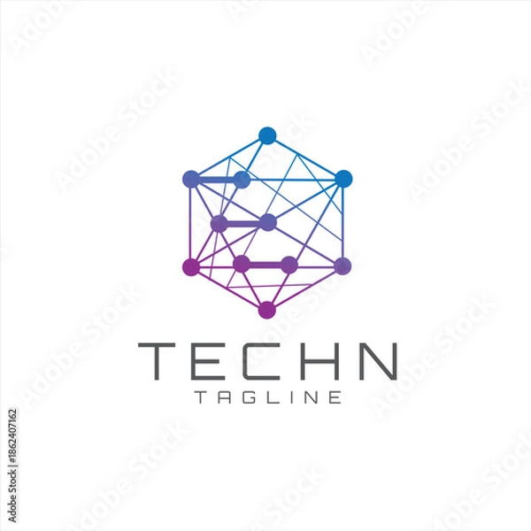 Obraz Modern Hexagon Box Cube Tech Logo With Connecting Dots