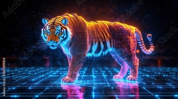 Obraz Digital tiger striding on a glowing grid floor