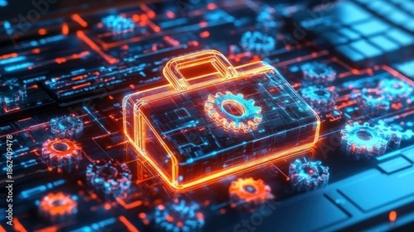 Obraz Tech toolbox icon glows on circuit board