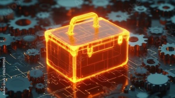 Obraz Glowing toolbox on gears and circuits