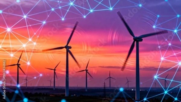Obraz Wind turbines at sunset with network overlay