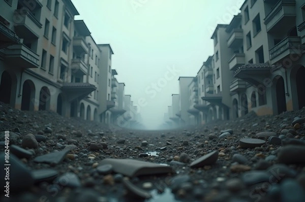 Obraz Empty Cityscape Amidst Debris and Mist