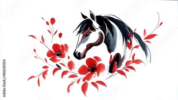 Obraz 風を切って駆ける馬と重なる和文様が印象的な2026年干支年賀用イラスト｜伝統的な意匠と抽象的構成が特徴で、和風アートや正月素材としても汎用性抜群