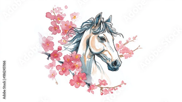 Obraz 風を切って駆ける馬と重なる和文様が印象的な2026年干支年賀用イラスト｜伝統的な意匠と抽象的構成が特徴で、和風アートや正月素材としても汎用性抜群