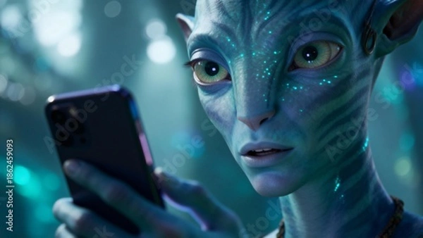 Fototapeta Alien with glowing features using smartphone