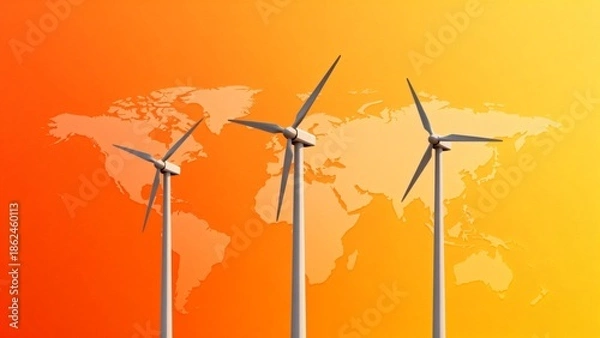 Fototapeta Wind turbines with world map background
