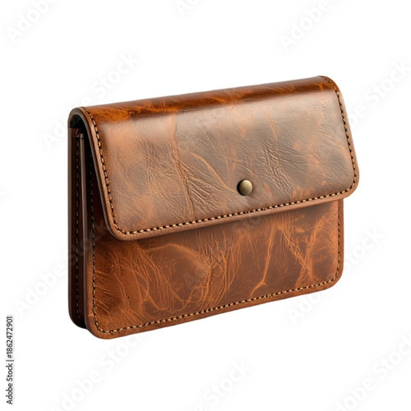 Obraz A brown leather wallet with subtle stitching and a small snap button closure.