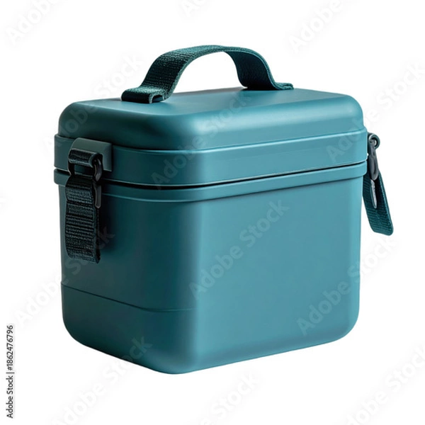 Obraz A teal, hard shell rectangular cooler with a handle and buckle strap.