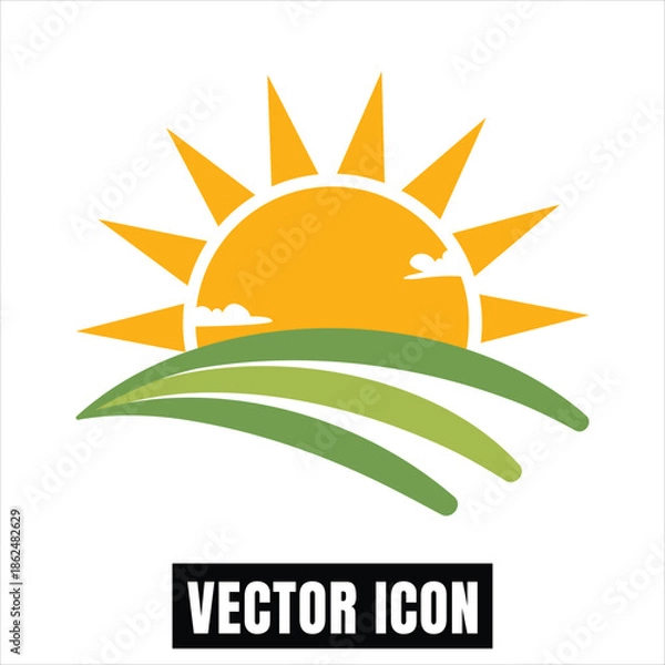 Obraz Sun Rise Vector Illustration with Green Fields and Clouds Flat Design