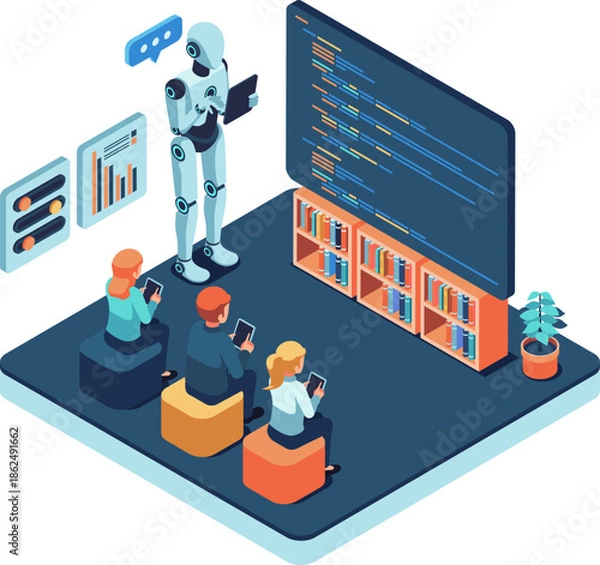 Obraz Isometric AI Robot Teacher Teaching Coding Class to Students
