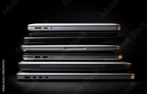 Obraz Stack of laptops on dark background