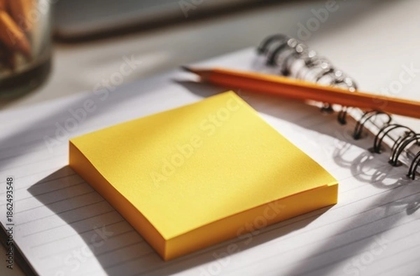 Obraz A yellow sticky note on lined notebook paper