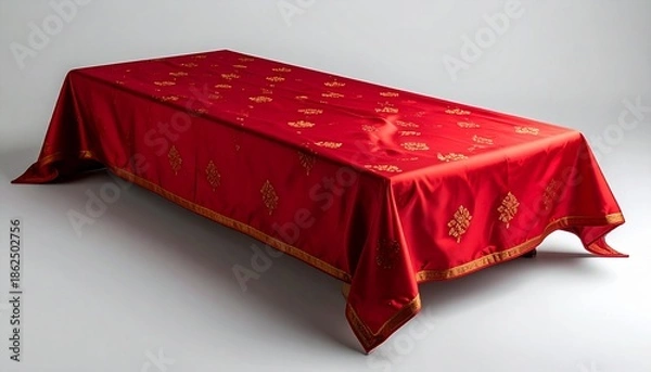 Obraz Elegant Red Tablecloth with Intricate Gold Pattern on a Table.