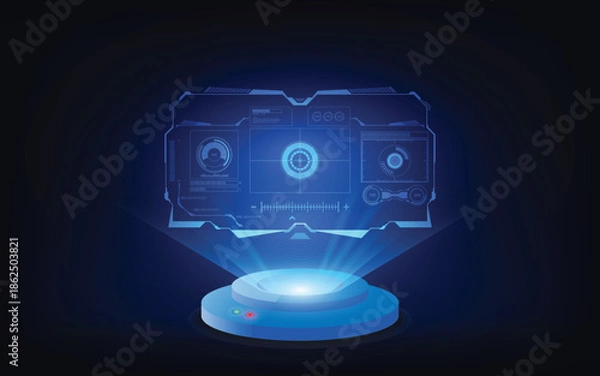 Obraz Futuristic Blue Holographic Display Interface Projecting Advanced Technology Data.