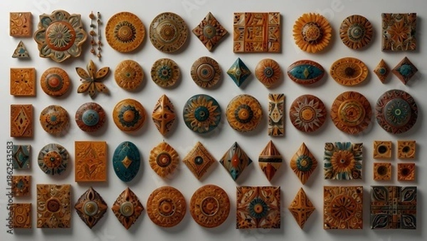 Obraz Creative ethnic shapes floating on white background