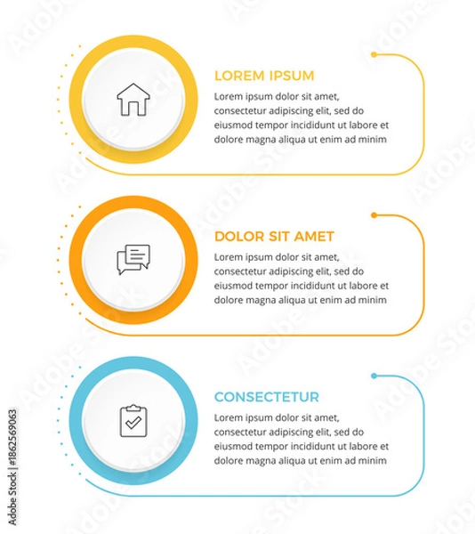 Obraz Vertical three step infographic template layout with circular elements, icons and text