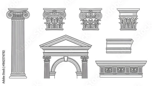 Fototapeta Classical Architectural Elements Column Arch and Capitals Line Art classical architecture
