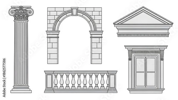 Fototapeta Classical Architecture Elements Column Arch Balustrade Window Pediment Outline image