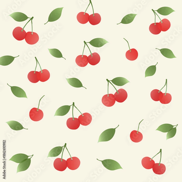 Obraz さくらんぼの北欧風パターン（アイボリー）ー 優しいアイボリー地に赤いチェリーと葉を散りばめたシンプル可愛いパターン。デザインペーパー、マスキングテープ、マスキングシールブック、フレークシール、クリアファイル、手帳デコ素材、ノート表紙、ハンカチ、ミニタオル、箸、マグカップ、皿、キッチンクロス、キッチン雑貨、ポーチ等に最適。