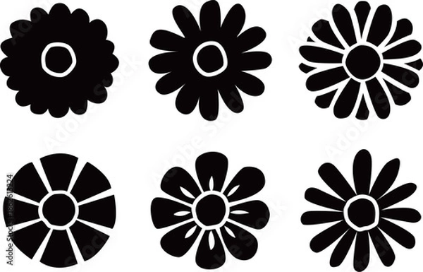 Obraz 花のシルエットアイコンベクターイラスト素材　デイジーやカモミールなどシンプルでかわいい花のイメージ画像