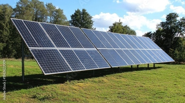 Fototapeta Outdoor solar panel array on grassy field.