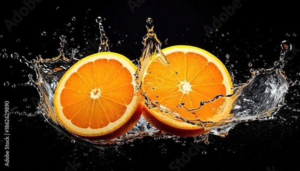 Obraz Two orange slices exploding in water splashes